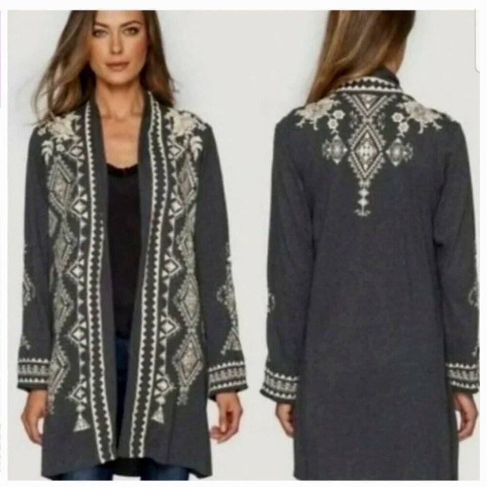 Johnny Was Charcoal Gray Embroidered Open Front Cardigan